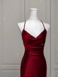 Mermaid Spaghetti Straps Floor Length Burgundy Satin Backless Prom Dresses SD1667