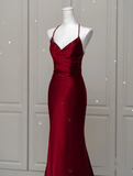 Mermaid Spaghetti Straps Floor Length Burgundy Satin Backless Prom Dresses SD1667