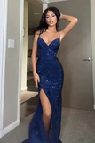 Sheath Spaghetti Straps Royal Blue Slit Long Evening Dress Prom Dresses SD1725