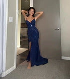 Sheath Spaghetti Straps Royal Blue Slit Long Evening Dress Prom Dresses SD1725