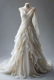 Ball Gown V Neckline Pleats White Chiffon Wedding Dresses SD1741