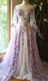 Ball Gown Off The Shoulder Tulle Lilac Party Dresses Long Prom Dress Evening Dresses SD1793