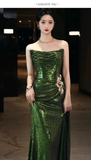 Mermaid Strapless Dark Green Sequin Long Prom Dresses Evening Gowns SD1810