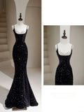 Mermaid Spaghetti Straps Sequin Black Long Prom Dresses SD1813