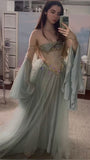 A Line Off The Shoulder Floor-length Tulle Long Sleeves Evening Dress Prom Dresses SD2025