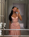 A Line Spaghetti Straps Floor-length Satin Long Pink Evening Dress Prom Dresses SD2033