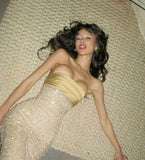 Mermaid Strapless Long Yellow Sequin Satin Party Dresses Prom Dresses SD2042