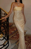 Mermaid Strapless Long Yellow Sequin Satin Party Dresses Prom Dresses SD2042