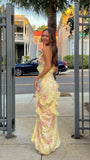 Mermaid Spaghetti Straps Floor Length Floral Yellow Chiffon Evening Dress Prom Dresses SD2045