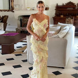 Mermaid Spaghetti Straps Floor Length Floral Yellow Chiffon Evening Dress Prom Dresses SD2045