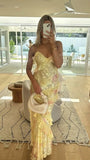Mermaid Spaghetti Straps Floor Length Floral Yellow Chiffon Evening Dress Prom Dresses SD2045