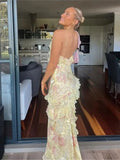 Mermaid Spaghetti Straps Floor Length Floral Yellow Chiffon Evening Dress Prom Dresses SD2045
