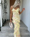 Mermaid Spaghetti Straps Floor Length Floral Yellow Chiffon Evening Dress Prom Dresses SD2045