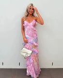 Mermaid Spaghetti Straps Floor Length Floral Yellow Chiffon Evening Dress Prom Dresses SD2045