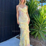 Mermaid Spaghetti Straps Floor Length Floral Yellow Chiffon Evening Dress Prom Dresses SD2045