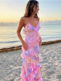 Mermaid Spaghetti Straps Floor Length Floral Yellow Chiffon Evening Dress Prom Dresses SD2045