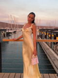 Sheath Straps Floor-length Satin Long Yellow Evening Dress Prom Dresses SD2049