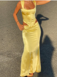 Sheath Square Neckline 2 Pieces Floor-length Satin Long Yellow Evening Dress Prom Dresses SD2052