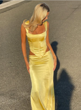 Sheath Square Neckline 2 Pieces Floor-length Satin Long Yellow Evening Dress Prom Dresses SD2052