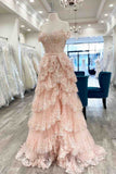 A-Line Off The Shoulder Pink Lace Slit Long Prom Dresses Formal Evening Dress SD1398