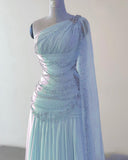 Sheath One Shoulder Pink Long Chiffon Evening Gown Prom Dresses SD2314