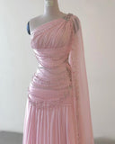Sheath One Shoulder Pink Long Chiffon Evening Gown Prom Dresses SD2314