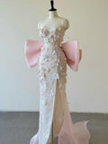 Mermaid Strapless Pink Sequin Long Floral Prom Dresses Party Dress SD2319