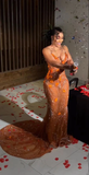Mermaid Strapless Floor Length Orange Lace Sequin Evening Dress Prom Dresses SD2418