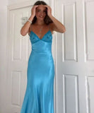Spaghetti Strap Sleeveless Mermaid Satin Long Backless Prom Dresses SD2470