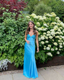 V-neck Blue Beaded Back Tie A-line Long Prom Dress SD2470