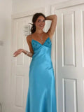 V-neck Blue Beaded Back Tie A-line Long Prom Dress SD2470