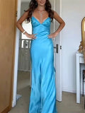 V-neck Blue Beaded Back Tie A-line Long Prom Dress SD2470