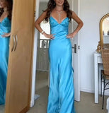V-neck Blue Beaded Back Tie A-line Long Prom Dress SD2470