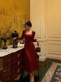 A line Square Neckline Long Sleeves Red Prom Dresses Birthday Dress SD413