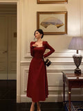 A line Square Neckline Long Sleeves Red Prom Dresses Birthday Dress SD413
