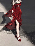 Sheath Irregular Ruffled Spaghetti Straps Women's Burgundy Birthday Party Dresses With Sleeves SD438