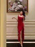 Sheath Spaghetti Straps Red Ruffles Date Night Dress Prom Dresses Birthday Outfit SD794
