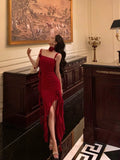 Sheath Spaghetti Straps Red Ruffles Date Night Dress Prom Dresses Birthday Outfit SD794