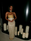Mermaid Strapless Long Yellow Sequin Satin Party Dresses Prom Dresses SD2042